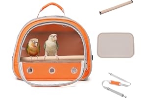 HCUPET Bird Carrier,Bird Cage Parakeet Parrot Budgie Carrier Backpack for Small Birds, Travel Bird Cages with Perch, Transparent Ventilation Cockatiels, Lightweight Pet Carrier for Outdoor Use(Orange)