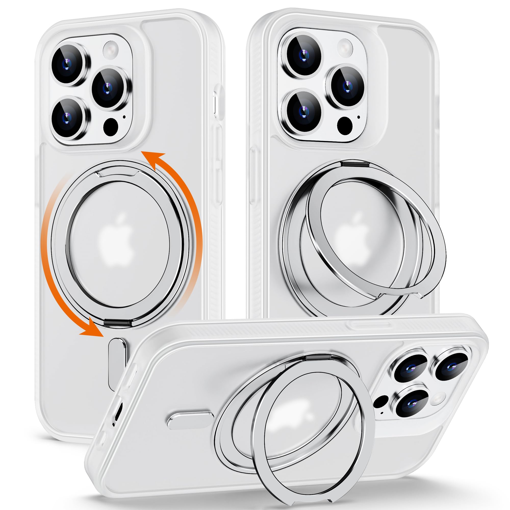 Photo 1 of 360° Rotatable Magnetic Ring Kickstand for iPhone 14 Pro Max Case [Non-Slip Texture Edge] [Compatible with MagSafe] [Military Shockproof] Translucent Matte Soft Silicone Bumper Slim Cover, 6.7'',White