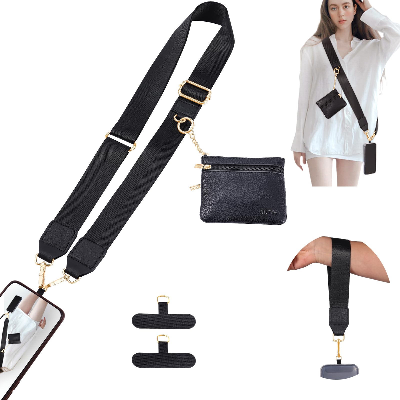 Photo 1 of OUTXE Clip and Go Strap for Phone with Wallet Crossbody, Detachable Wrist Strap Save Girls Anti Theft Lanyard with Zippered Pouch & 2* Nylon Tab for All Phones (Black)