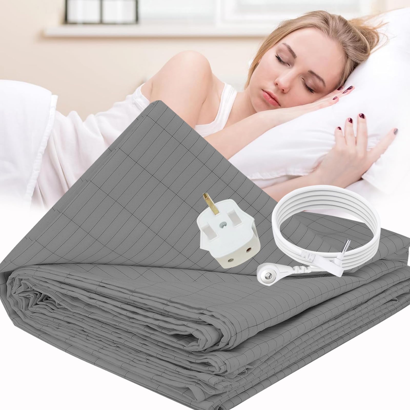 HUNAIGEE Grounding Sheet Earthing UK Conductive Bed Sheet Silver Fiber Mat 137x203cm Grey Organic Cotton
