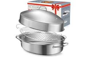 HUAQUE Large Roasting Pan with Rack and Lid, Gifts for mom women wife, Stainless Steel Large Oval Roaster, Nonstick Oven Cookware for Turkey Chicken, 21 Inch