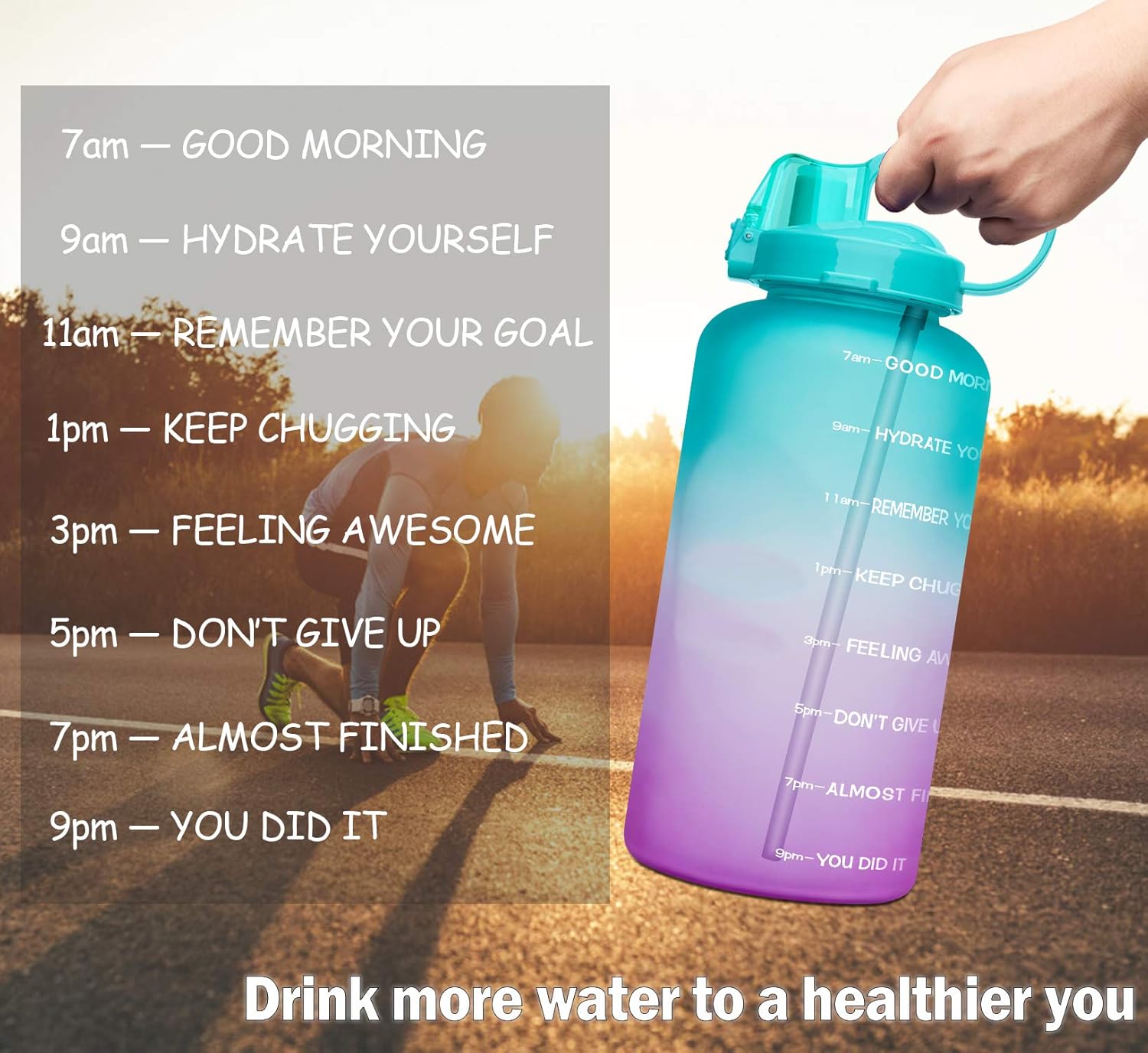 Giotto Large 1 Gallon/128oz (When Full) Motivational Water Bottle with Time Marker & Straw, Leakproof Tritan BPA Free for Fitness, Gym and Outdoor Sports-Green/Pink Gradient : Sports & Outdoors