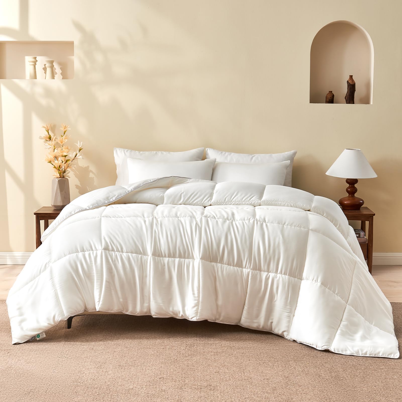Photo 1 of BPC 100% Rayon Derived from Bamboo Silk Blend Comforter Full Size for All Season, Soft ClimaSilk™ Down-Alternative Duvet Insert with 10% Silk, Medium Warmth, White, 82x86 Inches