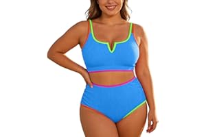 Plus Size Bathing Suit for Women High Waisted Swimwear Ribbed Two Piece Swimsuit Tummy Control V Neck Bikini Top with Shorts