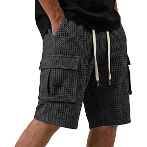 TXGMNA Men's Waffle Cargo Shorts Loose Summer Shorts | Elastic Waist Drawstring, Textured Fabric, Loose Cargo Pockets, Relaxe