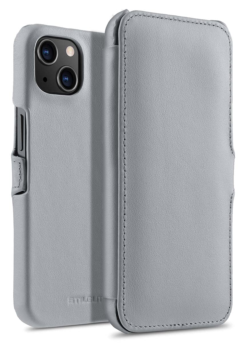 StilGut Book Cover Compatible with iPhone 13 (6.1 Inches) Leather Case with Clip Closure, Openable, Leather Cover - Grey Nappa
