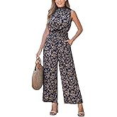 CUPSHE Women Floral Summer Maxi Jumpsuit with Pocket Mock Neck Elastic Waist Wide Leg Business Wedding Casual Holiday Dressy