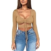 Mizoci Women's Sexy Ruched Tie Up Crop Top Basic Long Sleeve Cut Out T Shirt