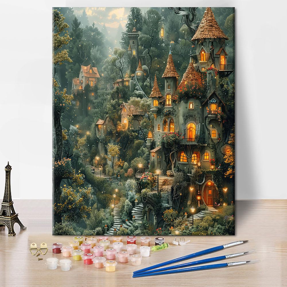 TISHIRON Fantasy Landscape Paint by Numbers for Adults, Forest Castle Paint by Number Kits on Canvas, Fairytale Oil Painting for Gift Home Wall Decor Art Crafts 16"x20"(Frameless)