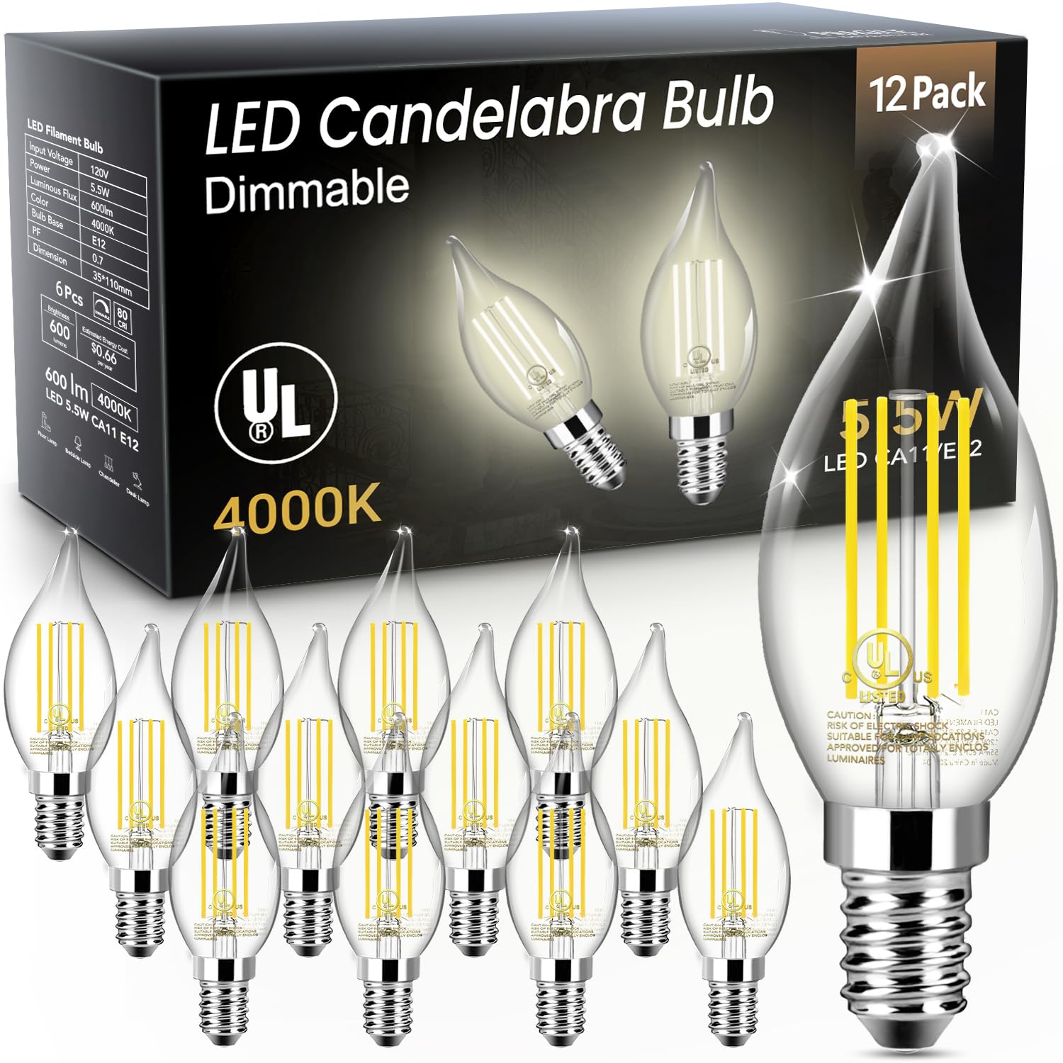 TJOY E12 LED Candelabra Bulb Dimmable, 60W Equivalent LED Chandelier Light Bulbs, 5.5W 4000K Natural White 600LM CA11 Flame Tip Vintage Filament Candle Light, 12 Pack Image
