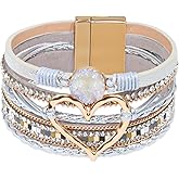 GZJINYUAN Leather Wrap Bracelet for Women, Boho Cuff Bracelet with Strong Clasp, Multi-Layer Crystal Leather Bracelet for Valentine's Day