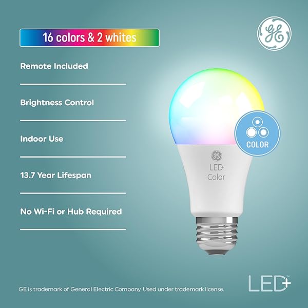 GE LED+ COLOR CHANGING LED LIGHT BULBS WITH REMOTE, 9.5W, NO APP OR WI-FI REQUIRED, A19 (1 PACK)