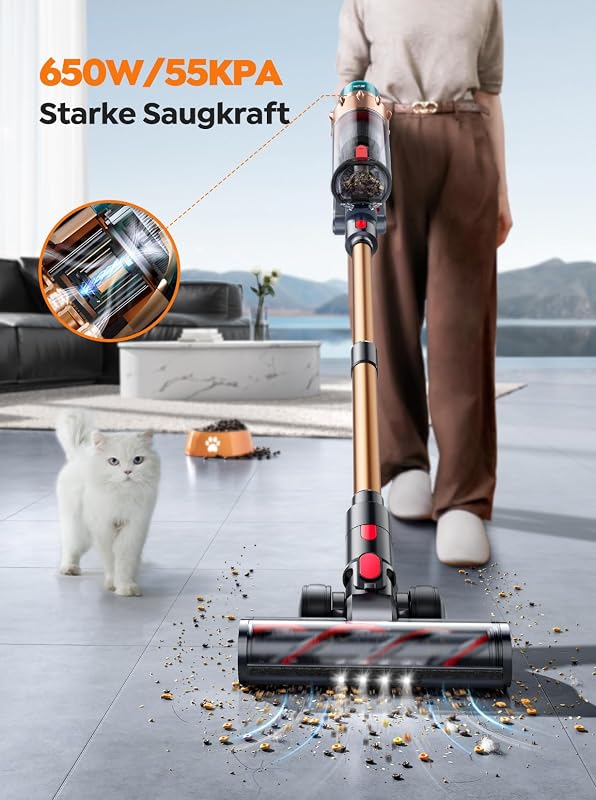 Akku Staubsauger 55000Pa/650W/70Min, Staubsauger Kabellos mit Mini-Elektrobürste, 1,5M Schlauch, Aromafunktion, Touchscreen, Anti-Tangle-Bürste für Tierhaare/Teppiche/Hartböden/Auto