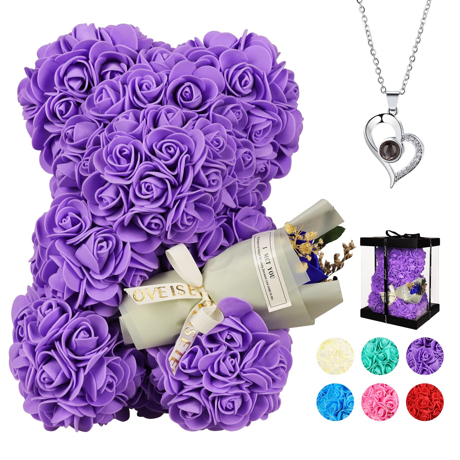 POHOMEGK Valentines Gifts for Her, rose bear Gifts for Women, Valentines Day Gift Rose Bear for women, Rose Teddy Bear, Birthday Gift for Kids, I Love You Necklace in 100 Languages