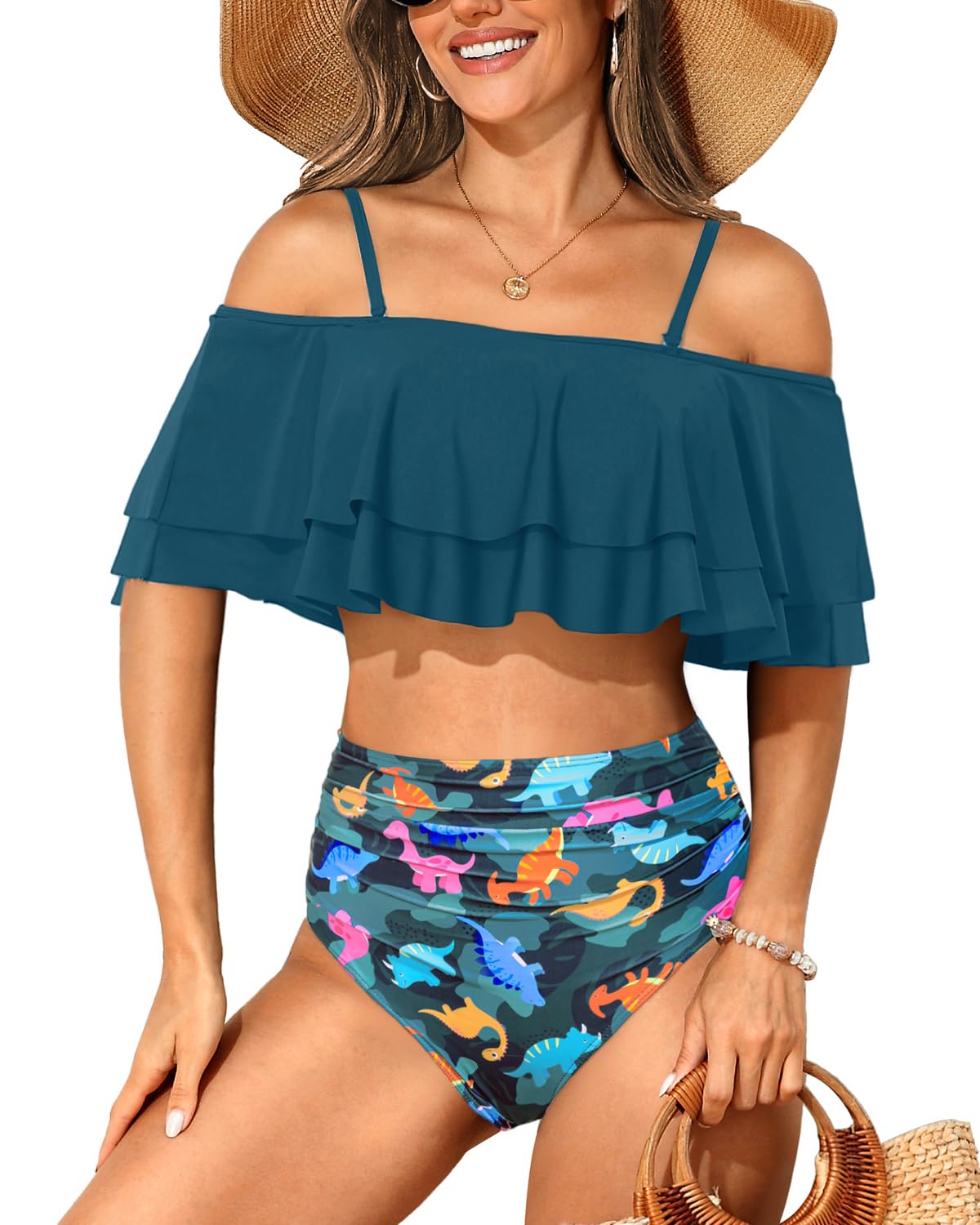Photo 1 of ***(STOCK PHOTO FOR REFERENCE ONLY/ COLOR IS RED)***Tempt Me Women Dinosaur Print Two Piece High Waisted Bikini Set Swimsuit Off Shoulder Ruffle Bathing Suits Tummy Control Ruched Swimwear S