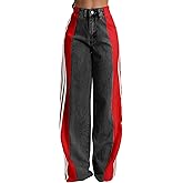 Nihsatin Women's Two Tone Jeans Wide Leg High Waisted Stretchy Buttoned Denim Pants