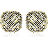 Dnswez 14k Gold Silver Earrings for Women, Crossover Half Hoop Earrings Two Tone Twisted Stud Lightweight Statement Earrings Jewelry