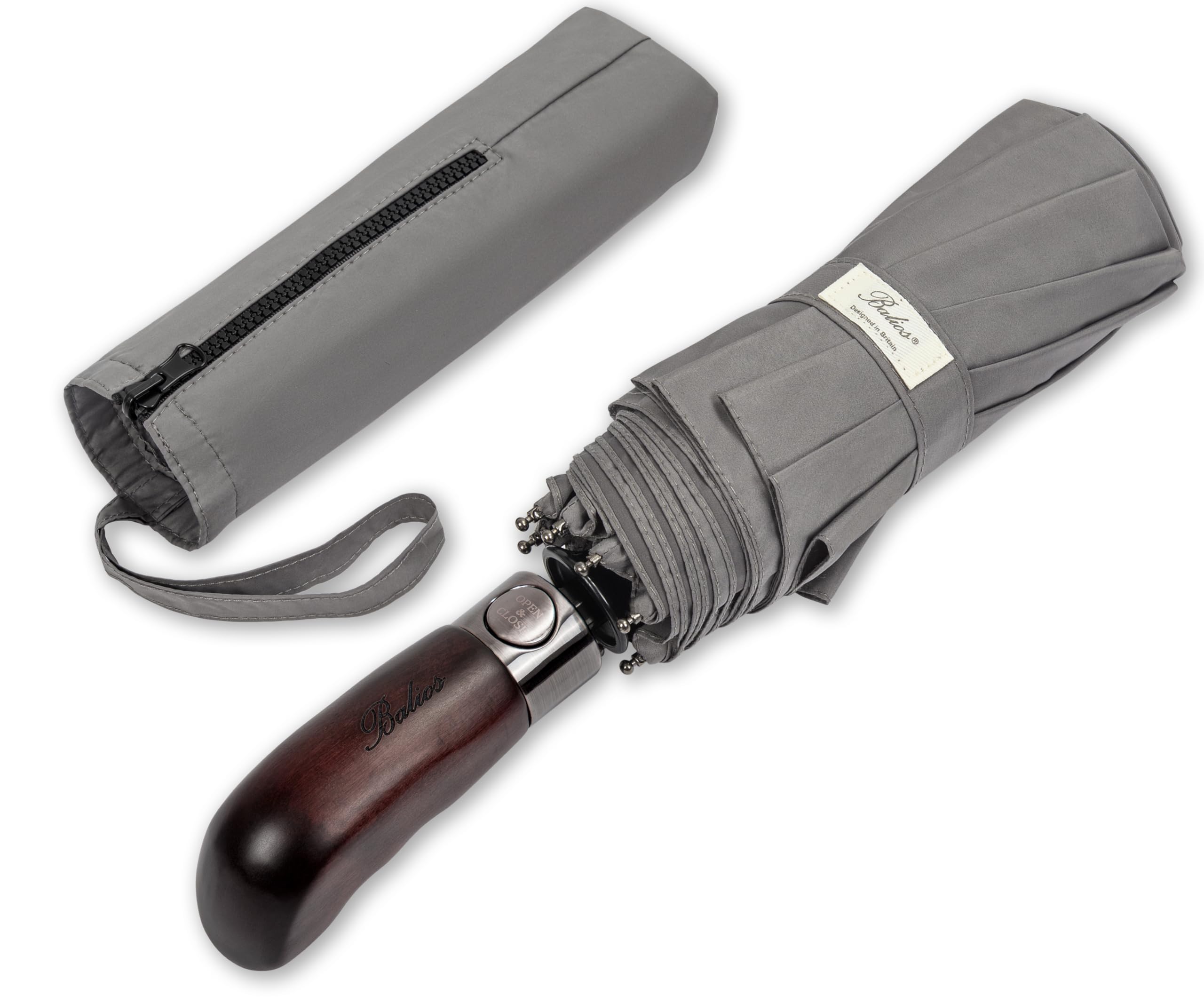 Balios Folding Umbrella Wood Handle Auto Open Close Vented Canopy Metallic Grey