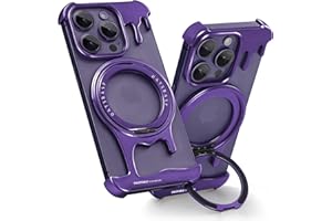 OATSBASF Frameless Bumper Case for iPhone 14 Pro Max Case, Metal Kickstand 360° Rotatable Magnetic Stand, Minimalist Aluminum Bumper Protective, Bezel Less Slim Shockproof + Easy Fit, Purple