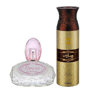 Maryaj Ramona Eau De Parfum Citrus Floral Perfume 100ml for Women and Ajmal Wisal Dhahab Deodorant Fruity Floral Fragrance 200ml for Men + 2 Parfum Testers FREE