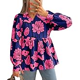 Tankaneo Womens Floral Print Babydoll Blouse Long Lantern Sleeve Peplum Tops Casual V Neck Flowy Boho Shirts