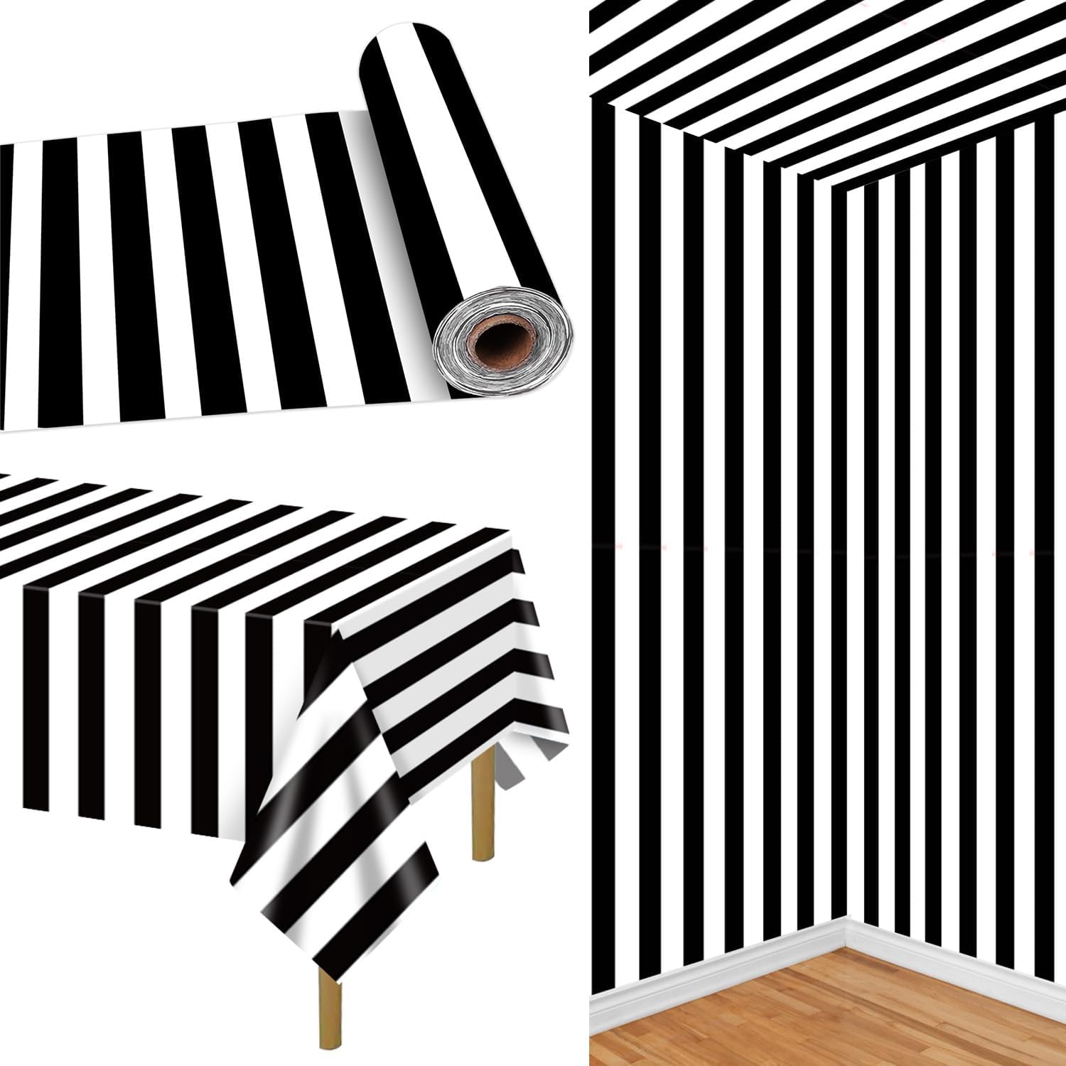 PIXHOTUL Black and White Striped Tablecloth Roll 30 M Black Plastic Table Cover Table Decoration for Holiday, Birthday, Baby Shower, Picnic, Halloween Backdrop