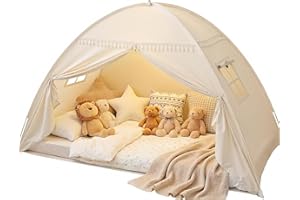 Sumbababy Toddler Twin Bed Tent: with Lights & Flags Beige Floor Bed Kids Play Tent Indoor - 75"Lx40"W Twin Bunk Bed Canopy T