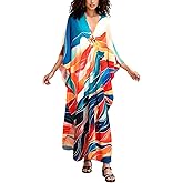 ELSCIRW Kaftan Dresses for Women Plus Size V-Neck Batwing Sleeve Beach Cover Up Flowy Summer Maxi Dress
