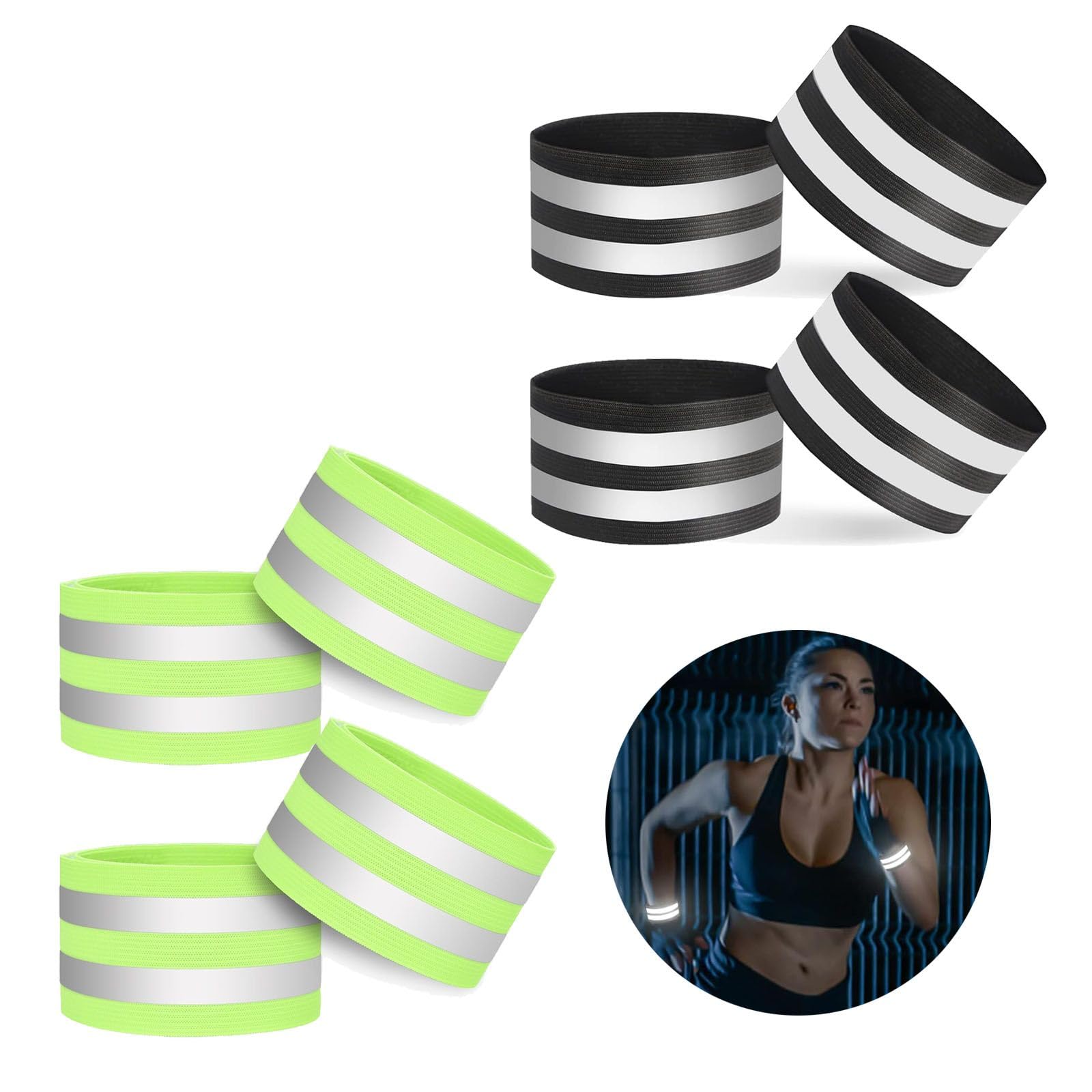 DALAETUS 4 Pcs High Visibility Armbands eflective Strips Set, Elastic Reflective Bands for Jogging Running Walking Cycling Outdoor, Bicycle Clips for Women Men (Black, Green)
