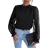 OYOANGLE Women's Swiss Dots Sheer Flounce Long Sleeve Blouse Lace Mock Neck Dressy Elegant Top