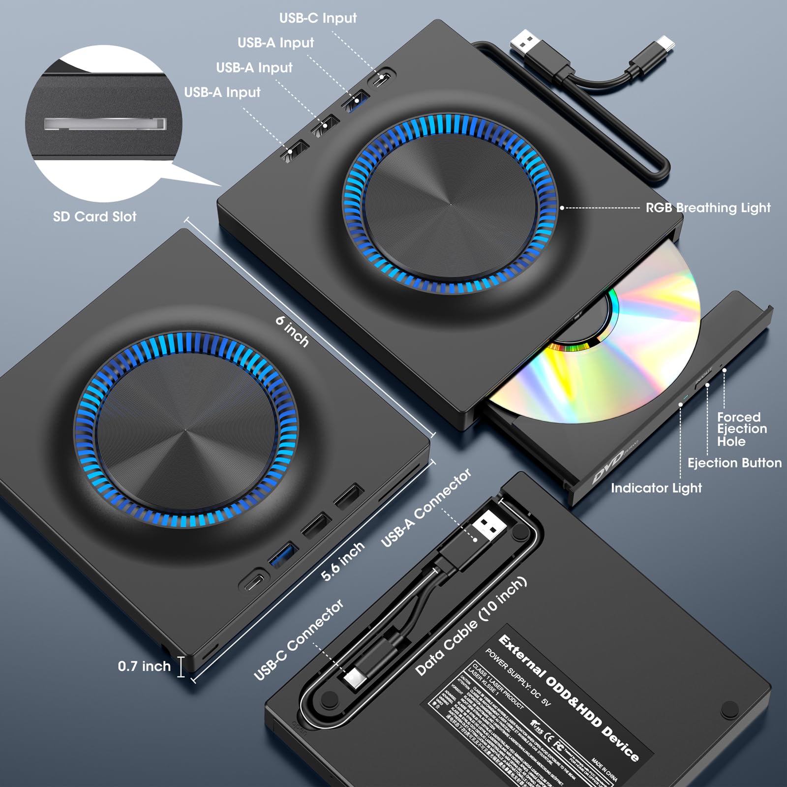 ROOFULL External DVD Drive, CD Drive Burner DVD Player with USB 3.0 & USB-C Hub and SD Card Reader, Portable DVD CD ROM +/-RW Disk Drive Writer for Laptop Mac Windows 11/10/8/7 Linux Computer PC