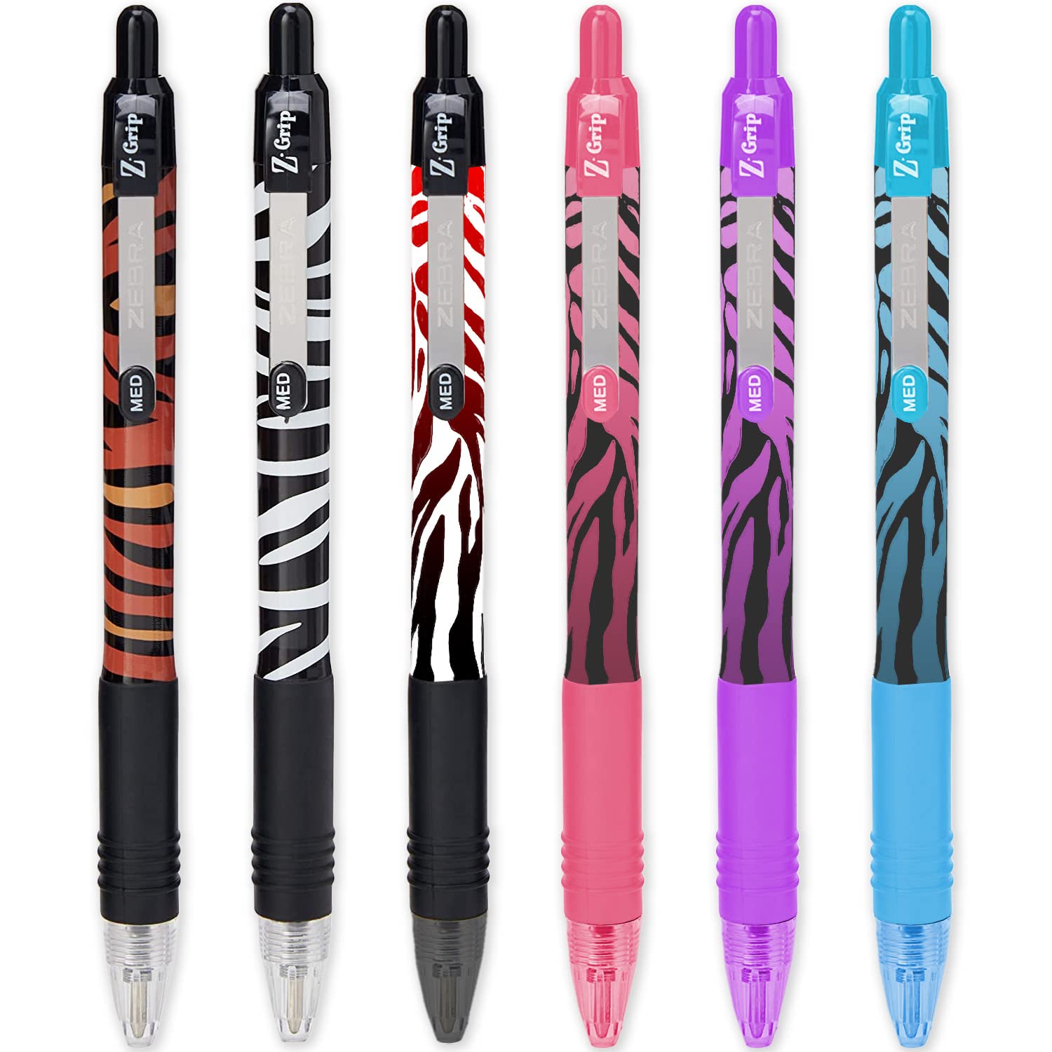 Zebra Pen Z-Grip Smooth - Retractable Ballpoint Pen - Pack of 6 - Stripe Pack - Animal Print + Funky Flames