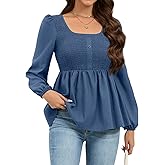 HEYTALALA Womens Peplum Tops Square Neck Smocked Puff Long Sleeve Blouses Babydoll Shirts 2025 Fall Dressy Casual Clothes