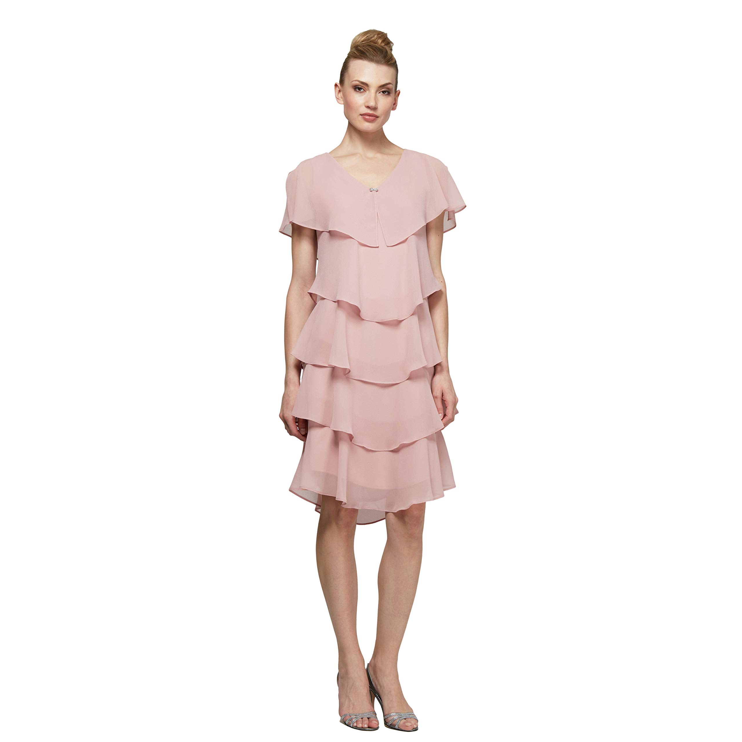 S.L. Fashions Women’s Short Sleeve Tiered Chiffon Cocktail Dress, Wedding Guest Gown (Petite and Regular Sizes), Faded Rose, 12P