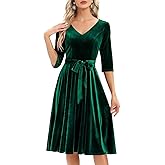 Bbonlinedress Women Long Sleeve Velvet Vintage Tea Dress Formal Cocktail Wedding Guest Midi Prom V-Neck Fit and Flare Dress