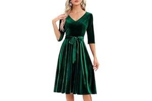 Bbonlinedress Women Long Sleeve Velvet Vintage Tea Dress Formal Cocktail Wedding Guest Midi Prom V-Neck Fit and Flare Dress