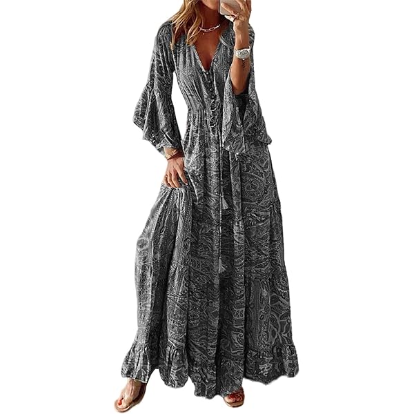 Empire Waist Boho Dress for Women, Short Sleeve V Neck Bohemian Summer Maxi  Dresses, Floral Printed Summer 2024 Flare and Fit Dresses at Amazon Women's  Clothing store