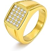 ZXSPGSS 18K Gold Plated Men's Cubic Zirconia Ring with 20 CZ Stones - Hypoallergenic Stainless Steel Wedding Band, Comfort Fit Sizes 8-13 (Gold/Black/Silver), Jewelry Gifts for Him