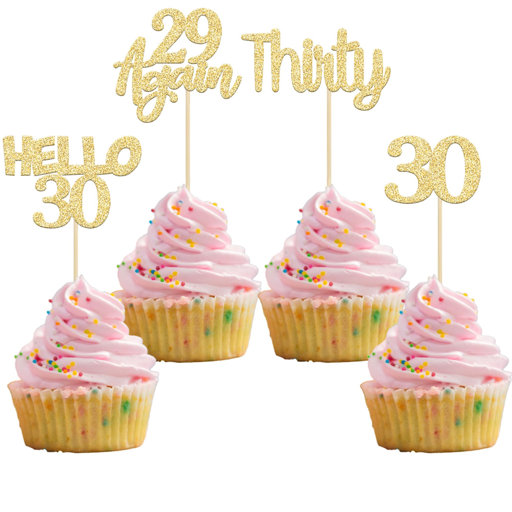 Gyufise 24Pcs Gold Glitter 30th Birthday Cupcake Toppers Hello 30 Cake Decorations Again 29 Thirty Cupcake Picks for 30th Birthday Cake Decorations Supplies