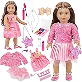 American 18 Inch Doll Makeup Accessories and Princess Dress Set,Included 2 Pieces Clothes,Cute Messenger Bag,Pearl Headwear,Lipstick,Eyelash Brush,Eye Shadow,Butterfly Hair Clip and Nail Tool(NO DOLL)