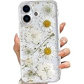 LSEEKA for iPhone 17 Clear Case with Pressed Real Flowers Design,Glitter Cute White Floral Pattern Slim Soft TPU Protective Women Girl's Phone Cover for iPhone 17