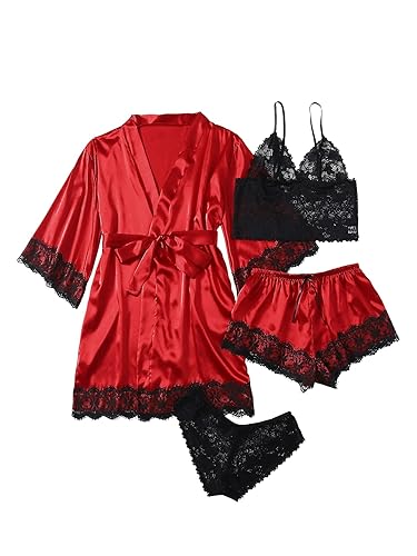 WDIRARA Women' Silk Satin Pajamas Set 4pcs Lingerie Floral Lace