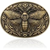 ForLLmaX Western Belt Buckle for Men and Women, Vintage Cowboy Rodeo Death's Head Moth Design, Antique Silver Oval