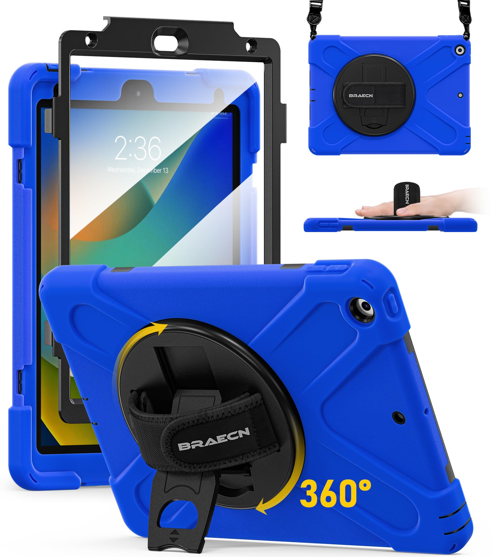 BRAECN for iPad 9th/8th/7th Generation Case 10.2 inch, Heavy Duty Rugged Protective Cover with Built Screen Protector/Hand Strap/Kickstand/Shoulder Strap for iPad 10.2 2021/2020/2019, Blue