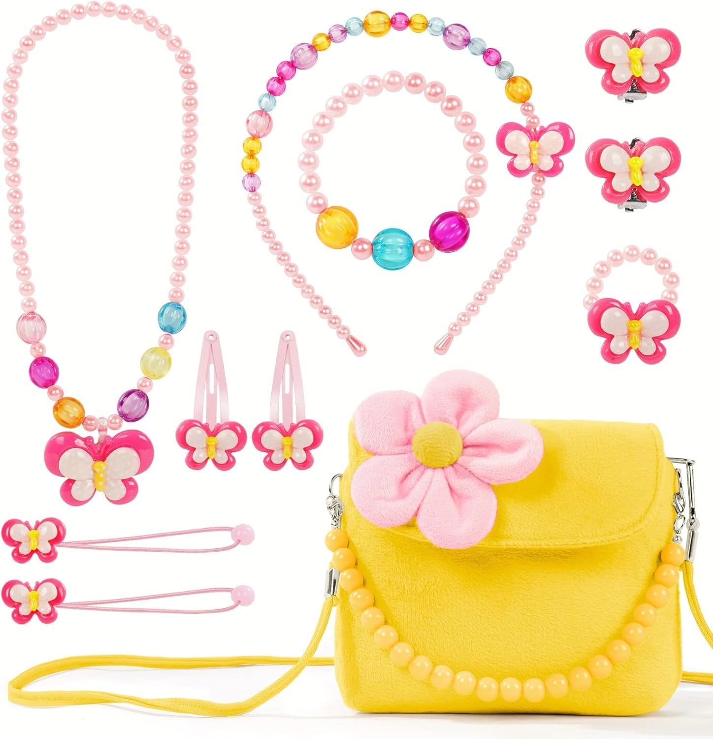 Ausi Little Girls Plush Handbags, Chain Necklace Bracelet Ring Jewellery Set, Cute Plush Handbag for Party Dress Up Gift (Yellow)