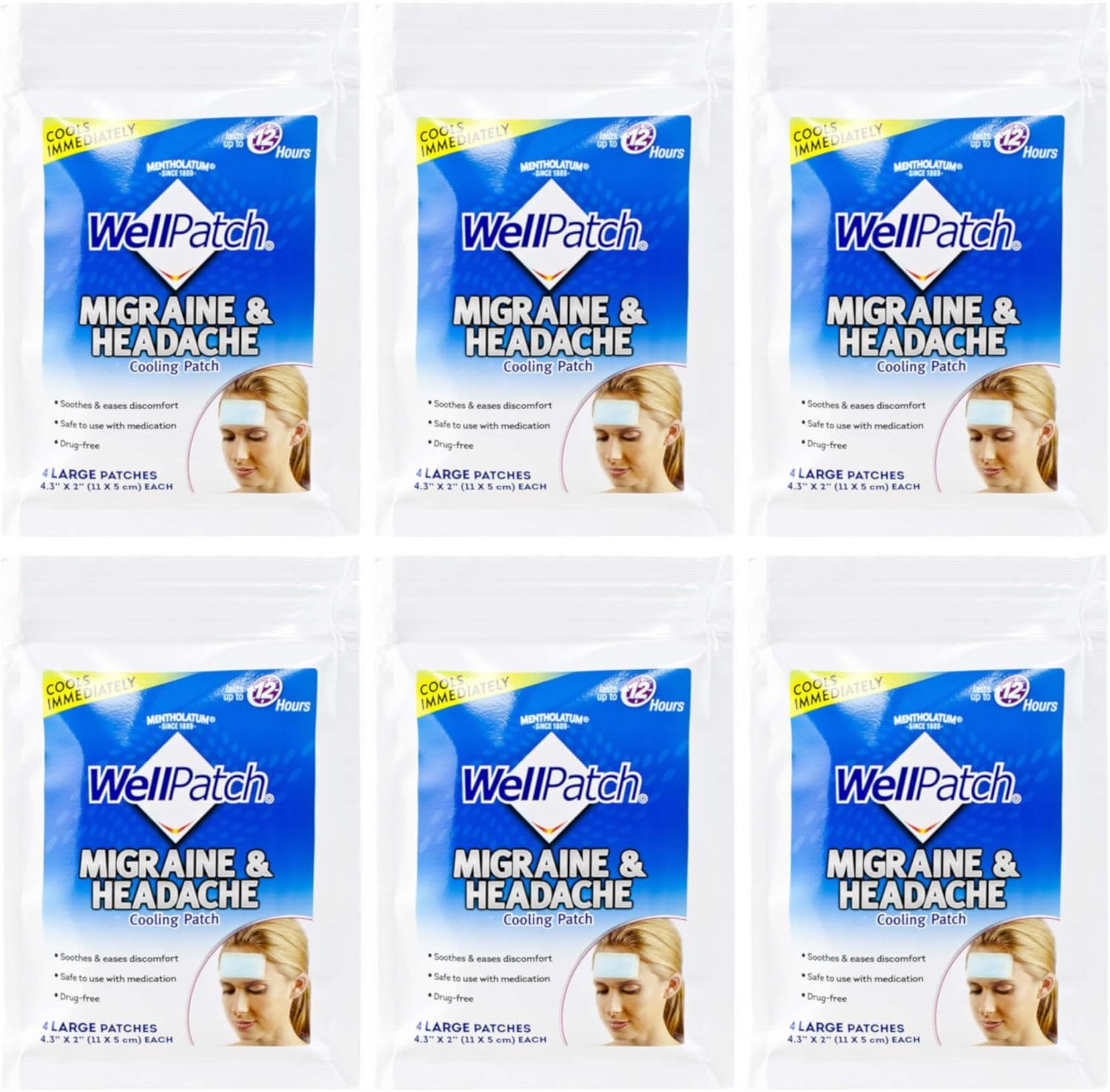 WellPatch Cooling Headache Pads, Migraine, 4 Large Patches- 4.3 x 2 Inch (Pack of 6): Health & Personal Care