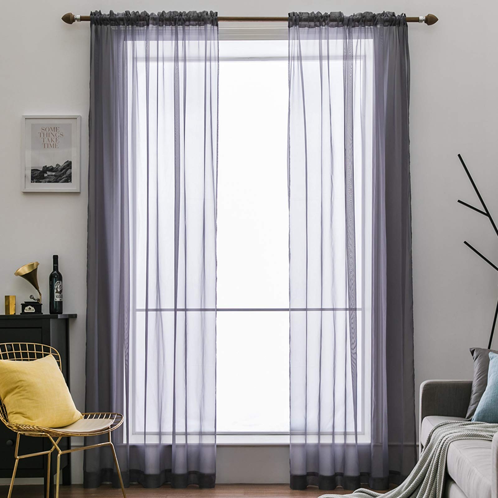 MIULEE 2 Panels Solid Color Sheer Window Curtains Smooth Elegant Window Voile Panels/Drapes/Treatment for Bedroom Living Room Dark Gray 55''W x 57''L, Rod Pocket