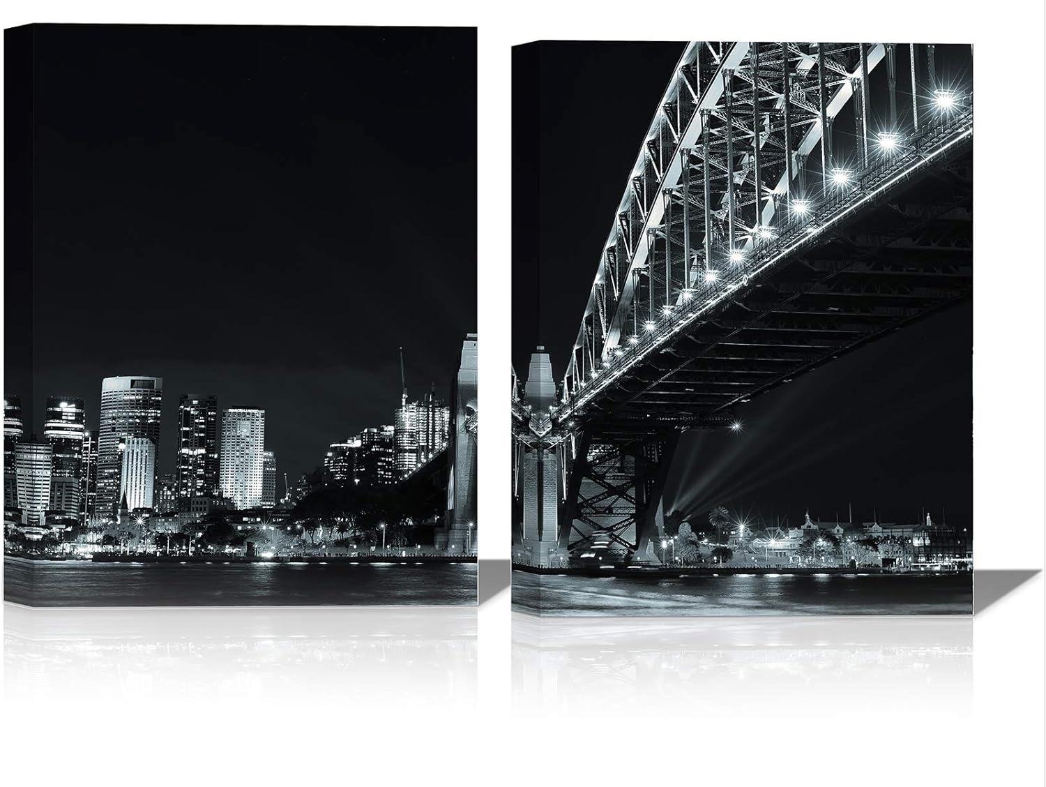 Bridge Canvas Wall Art for Living Room Framed Black White City Night Scenery Wall Decor Lighting on Modern Construction Painting Prints 12×16 Inches Prints Artwork of Urban Bright Lamp 2 Panels