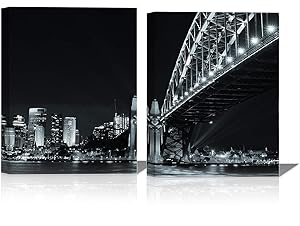 Bridge Canvas Wall Art for Living Room Framed Black White City Night Scenery Wall Decor Lighting on Modern Construction Painting Prints 12×16 Inches Prints Artwork of Urban Bright Lamp 2 Panels