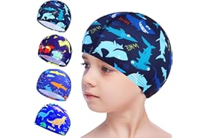 4PCS Swimming Cap Kids, Waterproof Swimming Cap, Comfortable Swim Cap for Boys Girls, Cartoon Shark Dinosaur Cat Pony Swim Ca